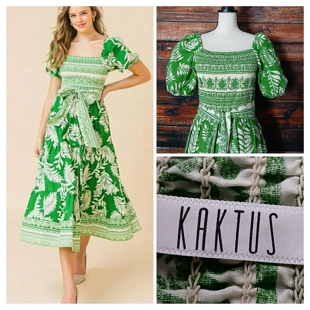 Kaktus Dress S Midi Smocked Belted Puff Sleeve Tiered 100% Cotton Tropical